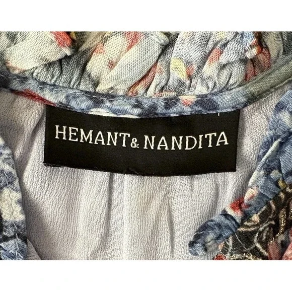 NEW Hemant & Nandita Blue Floral Mini Dress Boho Bohemian Peasant Long Sleeve M - Picture 9 of 15